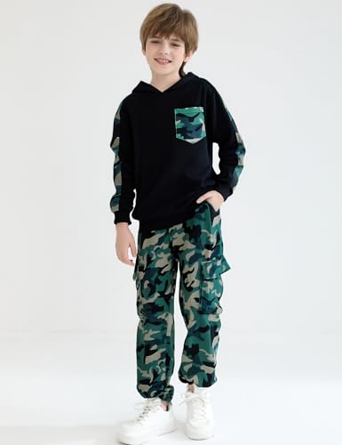 Image of mksodopy Boys Clothes Long Sleeve Hoodie and camouflage cargo pants Boy Outfits for 6-16 Years