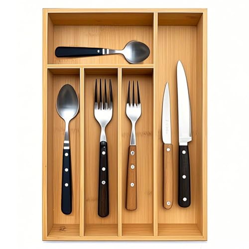 guiogc Kitchen Bamboo Silverware Drawer Organizer，Silverware Organizer and Cutlery Tray with Grooved Drawer Dividers for Silverware, Knives in Kitchen, Bedroom (5 Slot-Natural)