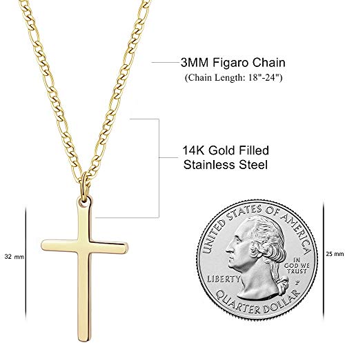 14K Gold Filled Cross Necklace For Men Figaro Chain Stainless Steel Plain Polished Cross Pendant Necklace Simple Faith Jewelry Gift For Boy Women Girls 20" #TOP5
