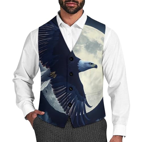 Eagle1 Flying in Moon Suit Vest for Men Waistcoat Dressy V Neck Button Down Sleeveless Business Jacket Coat