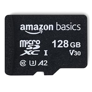 Amazon Basics Tarjeta de memoria Micro SDXC con adaptador de tamaño completo, A2, U3, velocidad de lectura de hasta 100 MB/s, 128 GB, color negro