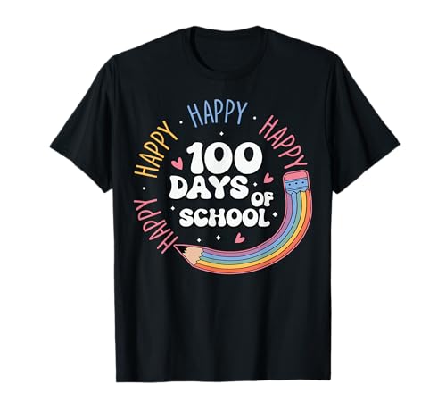 100 Days of School Groovy Vintage Retro Matita Cuore Arcobaleno Maglietta