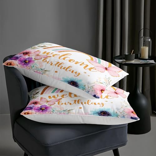 Image of AILONEN Queen Welcome Birthday Comforter Set, 3 Piece Rainbow Floral Butterfly Bedding, Gold Script Party Decor, Lightweight Microfiber Luxury Guest Master Bedroom