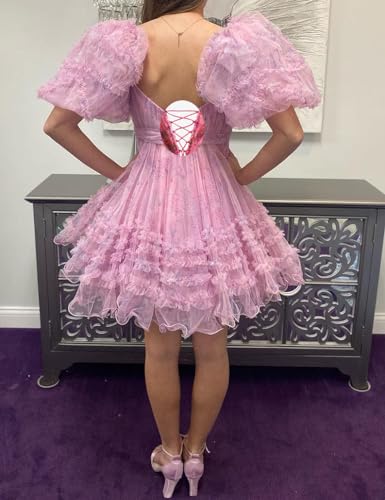ALFEICE Puffy Sleeves Tulle Homecoming Dresses for Teens Tiered A Line Short Prom Dresses Printed Cocktail Formal Party Gwons2