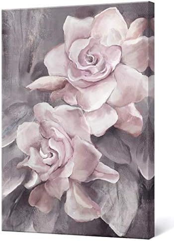 lamplig Pink Grey Wall Art Rose Flower Floral Pictures Flowers Canvas Painting Blush Gray Dusty Pink Roses Print Modern Artwork Framed for Living Room Bedroom Bathroom Home Room Wall Decor 16"x24"
