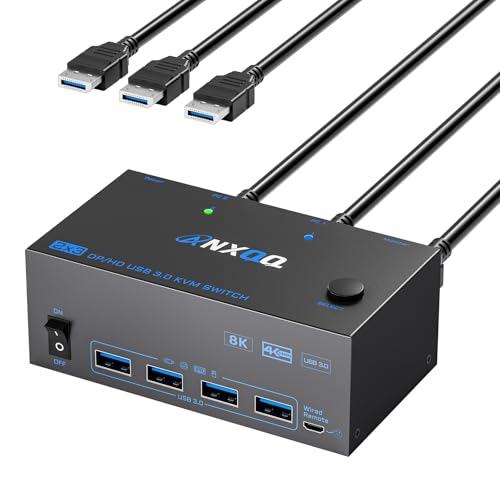 KVM Switch, Reyoten 8K HDMI DP Switch, 3 Monitors 2 PCs KVM Switches with 2 USB3.0 Ports, 4K hub Switch for 2 PCs Share Monitor Keyboard Mouse Printer with 2 USB Cables, Power Adapter, Controller