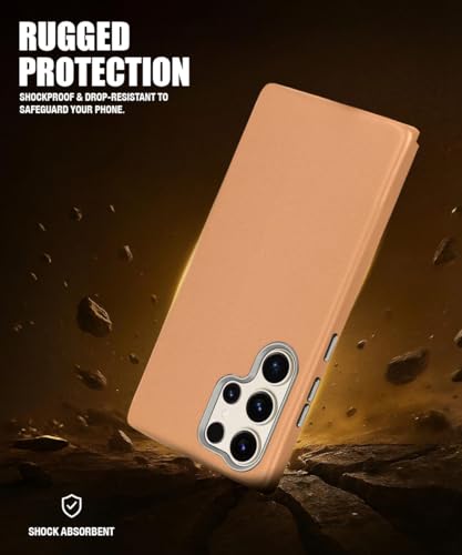 Image of WOW IMAGINE Back Cover for Samsung Galaxy S24 Ultra 5G | Shockproof Tough Leather Texture Hard Mobile Case | Ultra Slim Non-Slip Grip | Inner Velvet Fabric | Metal Camera Ring - Tan Brown