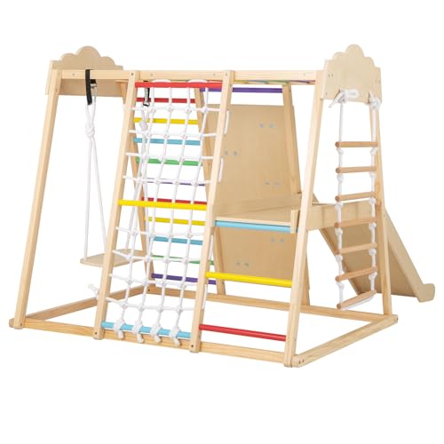 RELAX4LIFE 8 in 1 Set da Arrampicata per Bambini, Parco Giochi in Legno con Scivolo, Altalena, Sbarre e Scala in Corda, Giochi Montessori Educativi per Bambini 3+ Anni (Colorato)