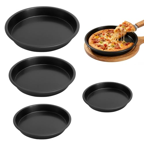 4 Größen Pizzablech Set mit Ölpinsel – 16/18/20/22 cm Antihaft Pizzablech Pizzateller Backform Rund Pizza Zubehör für Knusprige Pizza Zuhause – Carbonstahl Pizzaform Pizzapfanne für Ofen, Küche