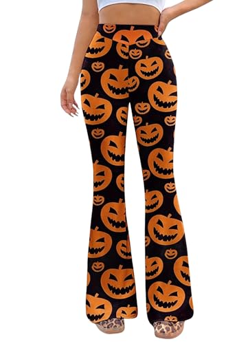 Pumpkin Ghost Flare Pants for Women - Halloween Costumes Ladies Rave Fashions Festival Outfit Fancy Dress Flared Leggings Elastic High Waisted Wide Leg Bootcut Trousers(BlackOrange, M, 1097w)