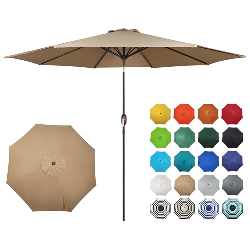 Blissun 10FT Patio Umbrella, Outdoor Table Umbrella, Yard Umbrella, Market Umbrella with 8 Sturdy Ribs, Push Button Tilt and Crank, Tan