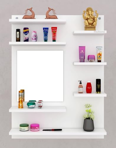 Image of Madhuran Ricco Engineered Wood Wall Mounted Dressing Table (White Finish) Living Room Bedroom Office Furniture Accessories Washbasin Makeup Space Saving Storage Washroom Mirrors