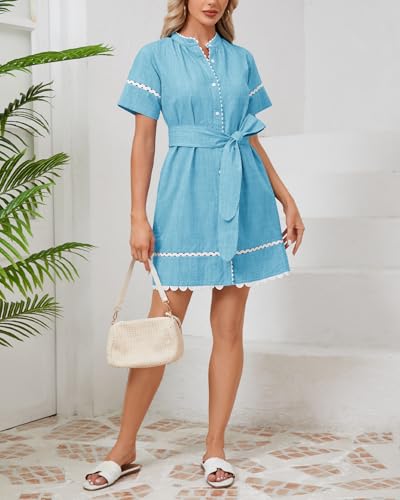 Image of Women's Summer Shirt Dress Short Sleeve Button Down Mini Tie Waist Belted Tunic with Pockets RIC Rac Trim