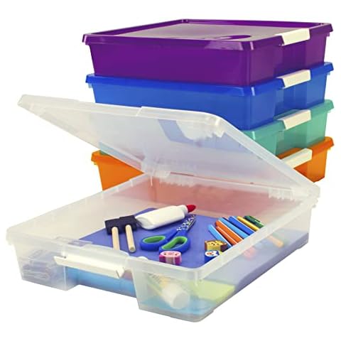 Storex Classroom Craft Project Box – Stacking Plastic Organizer Fits 12x12 Scrapbooking Paper, Assorted STEAM Colors, 5-Pack (63202C05C) Cover