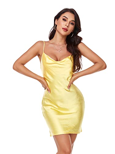Womens Spaghetti Strap Mini Satin Silk Sexy Dresses Slip Cowl Neck Side Slit Club Cocktail Dress2