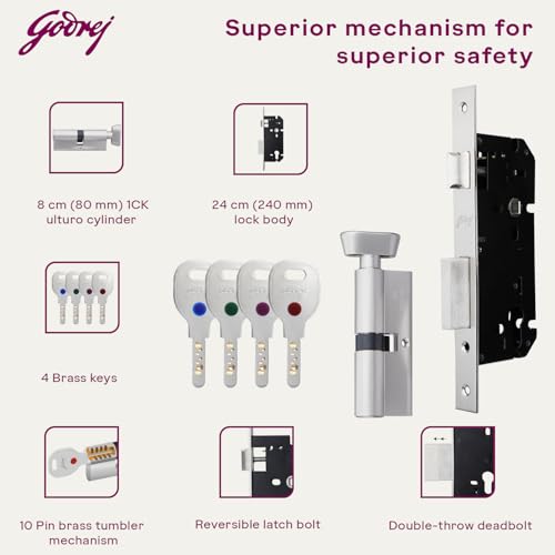 Image of Godrej Mortise Lock|Handle Lock Set for Main & Bedroom Door|HDH 05 Rossette Home Decor Handle|Matte Antique Brass Finish|9 Inch Lockbody|70 mm 1CK Cylinder - Knob from Inside & 3 Keys | 5 Y Warranty
