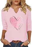 Vircreate Womens 3/4 Sleeve V Neck T-Shirts Valentina's Day Spring Shirts Love Heart Graphic Tee (XXL,1 Pink)