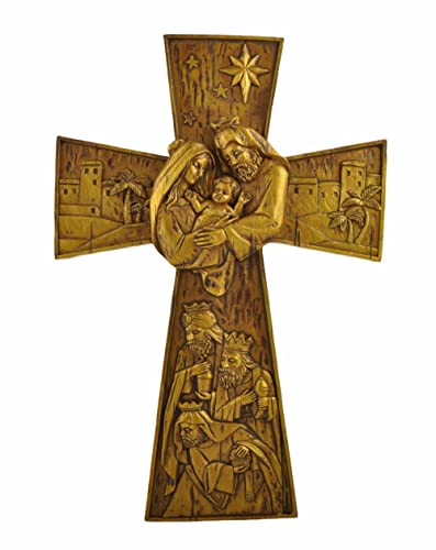Heilige Krippe Familie Wandkreuz - Gold, Harzkreuz handgefertigt Handwerk mit Metallhaken auf der Rückseite, moderne Wohnkultur für Wand oder Tisch, perfektes religiöses Geschenk, 32,7 cm H (Gold) Cover