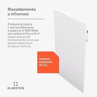 KLARSTEIN Radiatore elettrico a basso consumo a infrarossi, Stufa a parete 600 W, App e WiFi, Rilevamento finestra aperta, timer, emettitore termico, radiatori a basso consumo elettrico senza CO2