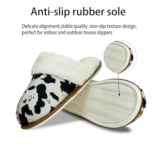 Crazy Bison Cozy House Slippers For Women, Cow Print Plush Slipper, Western Style Winter Fur Lined Slippers, Durable Rubber Sole Slip-On Indoor Outdoor3