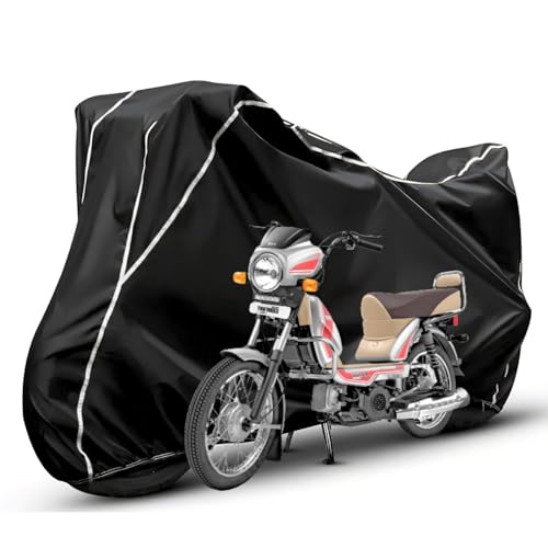 Image of Waterproof Bike Body Cover Compatible with Tvs XL100 Dustproof Scratchproof - Motorcycle Cover for Two Wheeler, Outdoor Full Cover with UV, Duty, Rain Protection (Black & White) R1