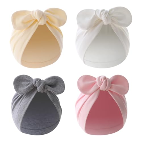 4 Pcs Baby Bow Knot Turban Hat Newborn Head Wraps Infant Knotted Beanie Cap Toddler Hospital Hat Soft Elastic Turban A