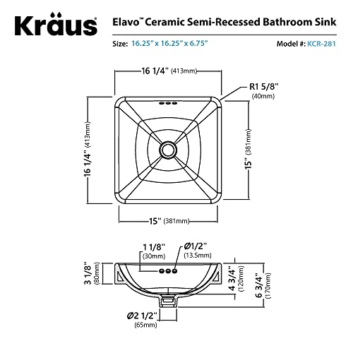 Kraus Kcr-281-Bn Modern Elavo Ceramic Square Semi-Recessed Bathroom Sink With Overflow And Pop Up Drain, Brushed Nickel/White #TOP6