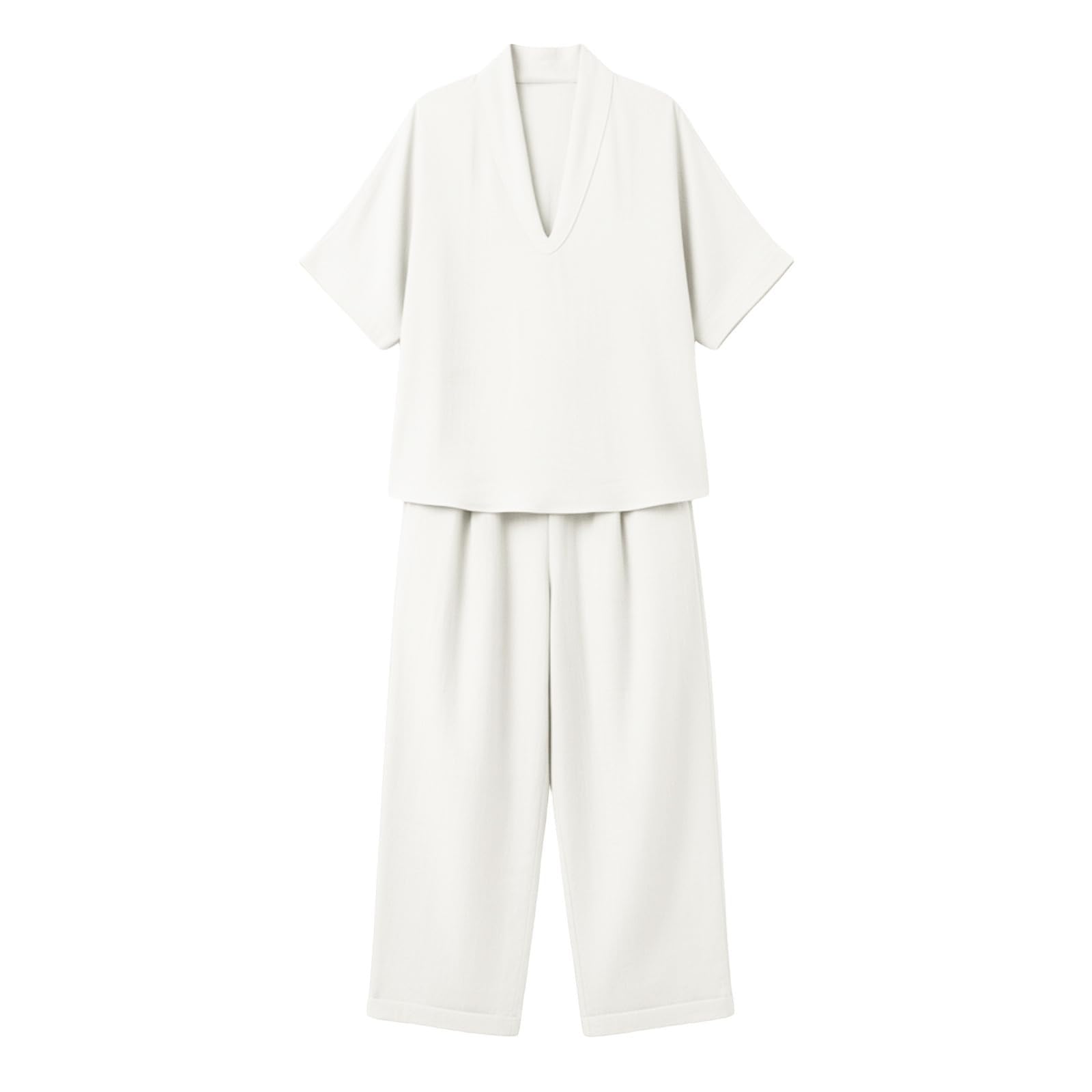 Co Ord Ensembles 2 pièces pour femme - Tenue de voyage à l'aéroport - Chemise à manches mi-longues et col en V - Pantalon ample à jambes larges avec poches - En coton et lin - Vêtements de vacances