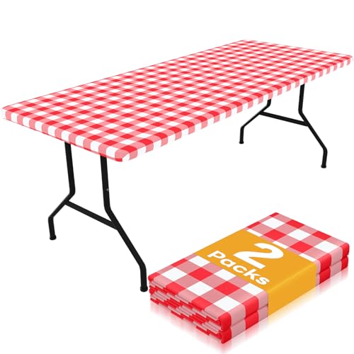 Smiry Picnic Table Cloth 2 Pack, Waterproof Elastic Fitted Tablecloths for 6FT Rectangle Tables, Washable Polyester Buffalo Plaid Tablecloth for Camping, Dining & Outdoor (Red & White, 30" x 72")