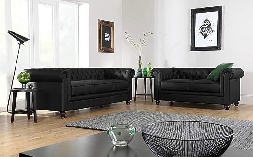 Image of 5 Seater Luxury Chesterfield Sofa in Velvet for Living Room & Dining Room (100% Teak Wood) (Black)