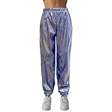 80Er Hose,Metallic Glänzed Hose Damen Herren Hip Hop Langhose Glitzernde Hosen Partyhose Space Girl Disco Outfits Alien Kostüm Party Tanzhosen Jogger Silberhose Freizeit Jogginghose Haremshose A