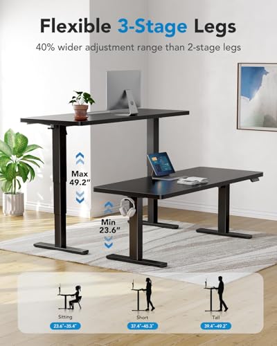Image of HUANUO 70x35 Inch 3-Stage Legs Electric Standing Desk, Large Height Adjustable Office Desk with Brushless Motor, Stand Up Desk with 4 Memory Presets & 2 Hooks, Computer Desk for Home Office, Black