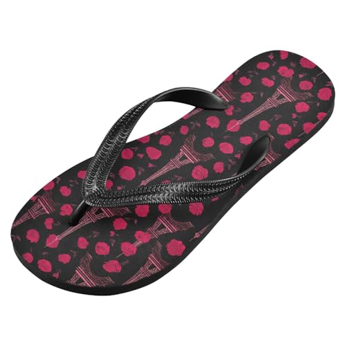 ALAZA Red Eiffel Tower Rose Flip Flops for Women Fashion Beach Slippers Comfort Mens Flip Flops Non-Slip Rubber Shower Slippers Sandal for Hotel Travel Sport,XS2