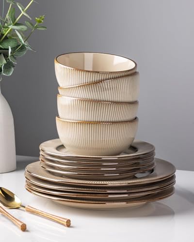 Image of GBHOME Ceramic Dinnerware Sets, 24 pcs Embossed Elegant Stoneware Plates and Bowls Sets, Housewarming Wedding Gift | Dishwasher & Microwave Safe | Dishes Set Service for 8