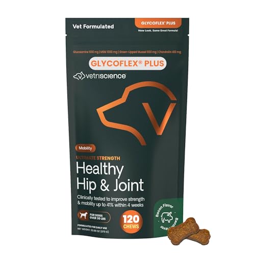 VetriScience GlycoFlex Ultimate Strength Healthy Hip & Joint Glucosamine Supplements for Dogs, with MSM, Chondroitin & Green-Lipped Mussel, Soft Chews, Bacon, 120 Count - New Look