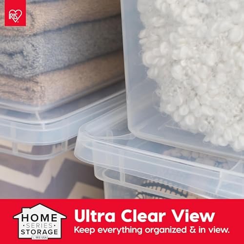Image of IRIS USA 12-Pack Storage Bins with Lids, 68 Quart, Clear Stackable Containers Box Organize Shoes Closet Shelves Clothes Blankets Towels - BPA-Free Plastic