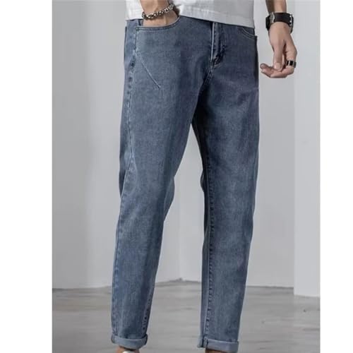 Men’S Fashion Solid Patchwork Straight Denim Pants Slim Fit Elastic Waist Lightweight Casual Wear Button Detail Jeans3