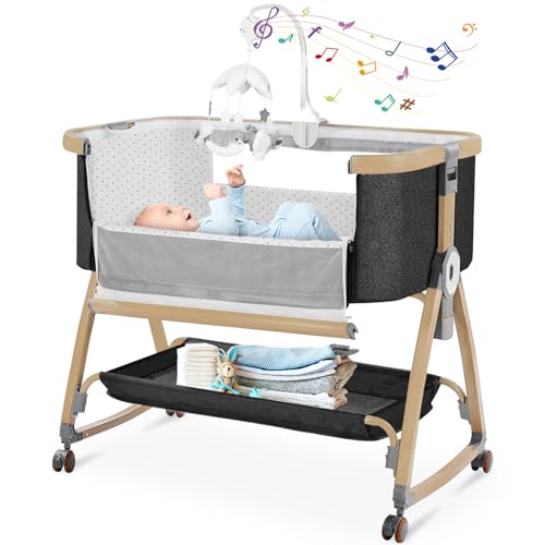 Image of Bedside Bassinet,Bassinet Bedside Sleeper,Rocking Bassinet,3 in 1 Portable Bedside Crib with Mattress,Mobile,Mosquito Net,Storage Basket,6-Height Adjustable Bassinet with Wheels for Newborn,Deep Grey