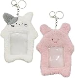 Zhuluck 2Pcs Cute Plush Photocard Holder with Keychain, Cartoon Rabbit Cat Photo Sleeve Cartoon Plush Photo Sleeve Protective Case Photo Albums, Frames Accessories (Pink+White)