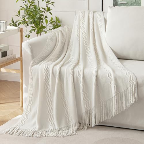 MIULEE Off White Knitted Boho Throw Blanket for Couch 50"x60"