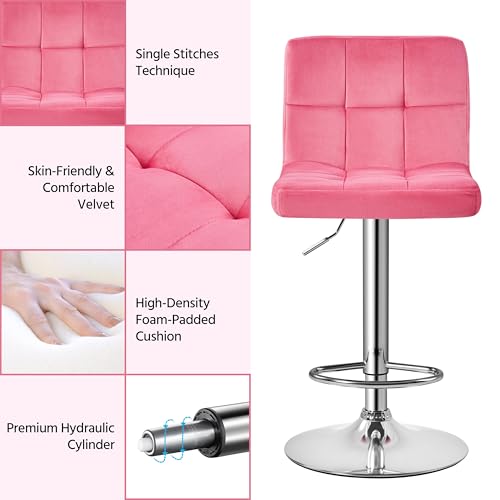 Image of Yaheetech Bar Stools Set of 2, Adjustable Velvet Barstools, Modern Counter Height Swivel Stool with Bigger Base for Kitchen Island, Pink