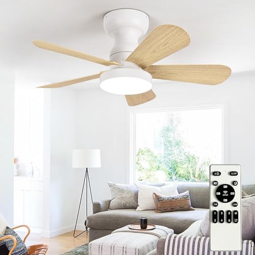 Image of Depuley Small Ceiling Fan with Lights: 28-Inch Flush Mount Fan with Light and Remote - Low Profile Ceiling Fans Reversible Quiet DC Motor for Bedroom Living Room Indoor Outdoor, Wood Color