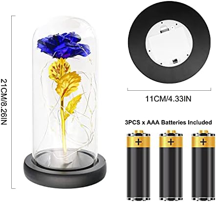 TINYOUTH Light Up Rose In Glass Dome Black Base, 24K Blue Rose with 20 LEDS String Light, Batteries Included Beauty and the Beast Rose for Women/Her/Mum Wedding Anniversary Valentines Birthday Xmas