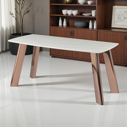 Image of The Attic Modern Dining Table, White Faux Marble Top & Polished Rose Gold /Copper Metal Legs, Rectangular 6 Seater Dining Table Kitchen or Office Table