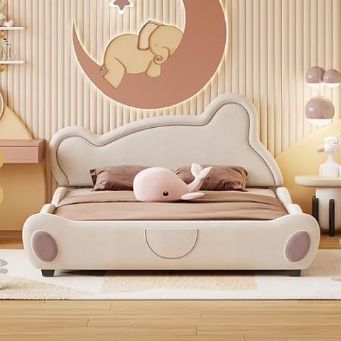 VilroCaz Queen Size Velvet Platform Bed with Bear-Shaped Headboard and Bed-End Storage Pocket, Upholstered Kids Platform Bed Frame with Safety Fence for Boys Girls, Sturdy Slats Support Cover
