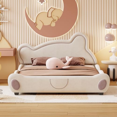 VilroCaz Queen Size Velvet Platform Bed Bear-Shaped