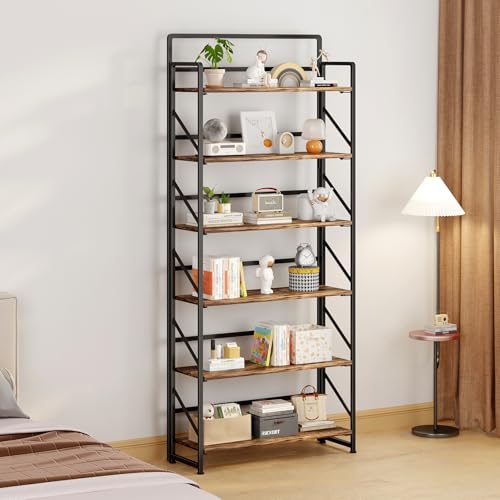 Image of JSB Folding Bookshelf,Industrial Storage Shelves, No Assembly Vintage Wood Look Bookshelf with Storage Shelves for Living Room, Bedroom, Office (Fire Brown, Wide 6-Tier)