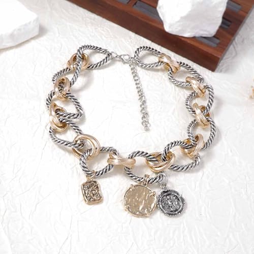 Doubnine Two-Tone Chain Link Necklace, Silver Rope and Gold Accents, Pendant Charm Choker3