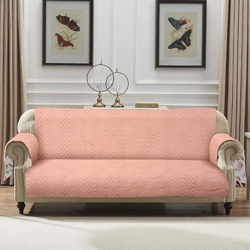 Image of Amazon Basics Printed Quilted Reversible Sofa Topper | 3 Seater | Dual-Tone Design | 170Cm X 175Cm | 325 GSM | Color - Green-Pink, Polyester Blend