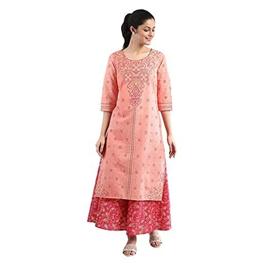 Aurelia Women's Peach Floral Printed Printed Cotton Regular Kurta